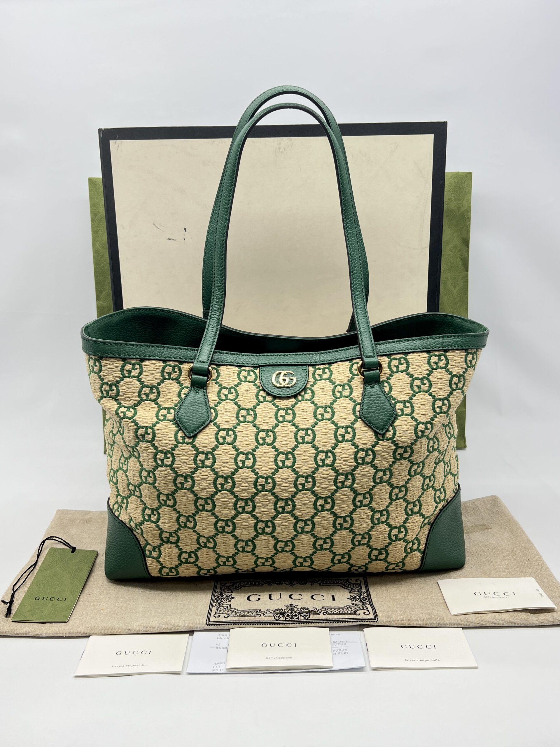 Gucci Ophidia Tote Bags GG Raffia Beige Green GHW