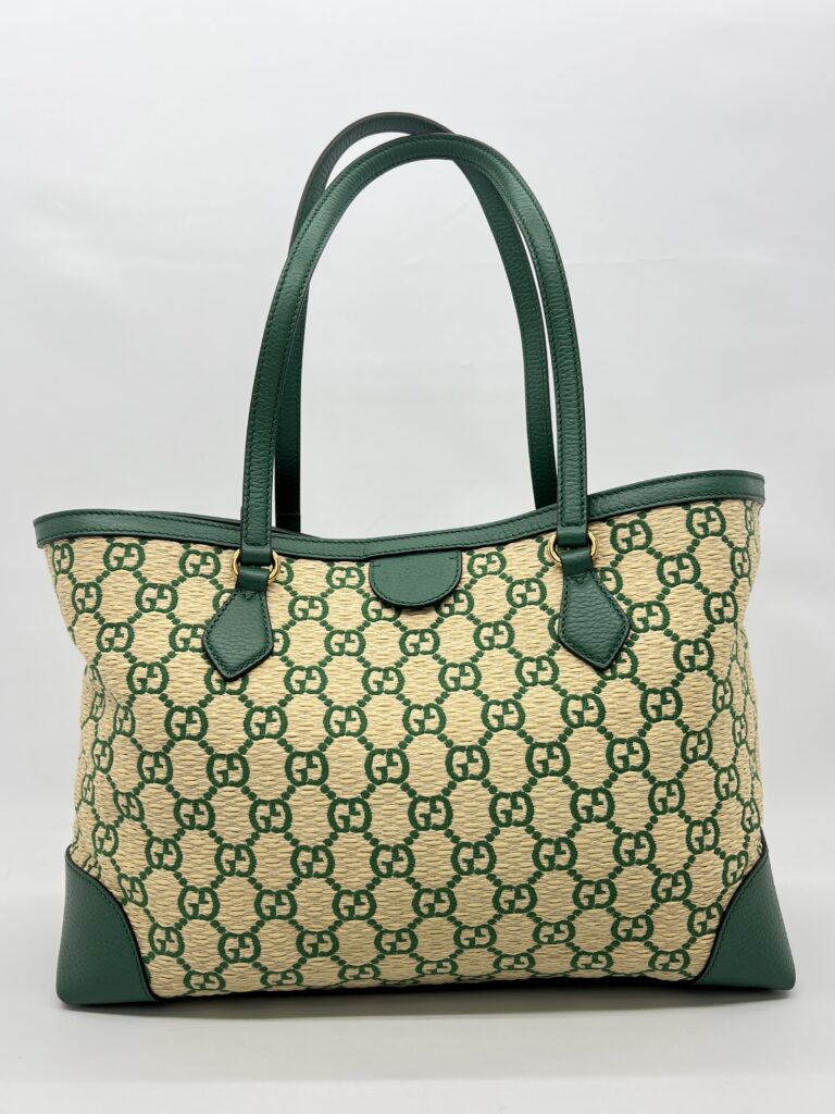 Gucci Ophidia Tote Bags GG Raffia Beige Green GHW