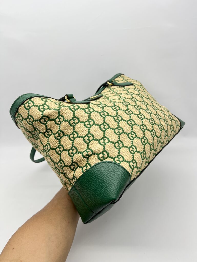 Gucci Ophidia Tote Bags GG Raffia Beige Green GHW
