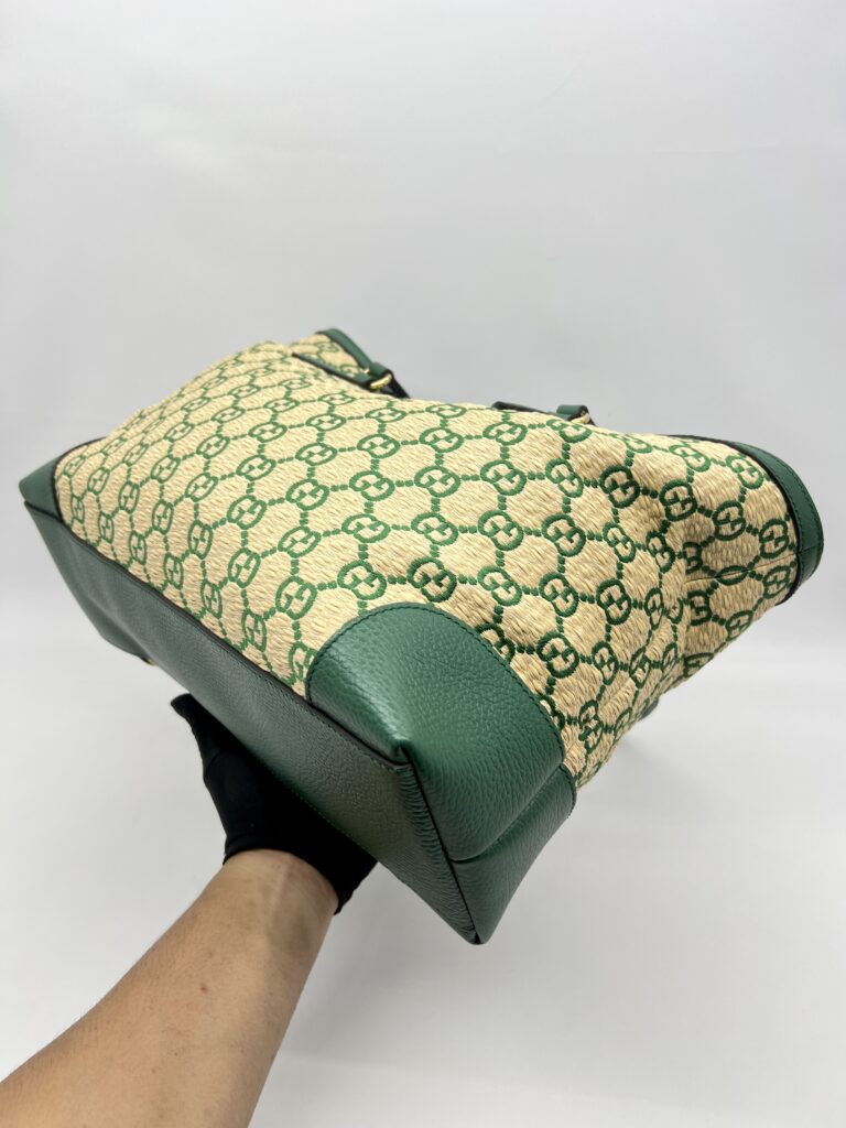 Gucci Ophidia Tote Bags GG Raffia Beige Green GHW