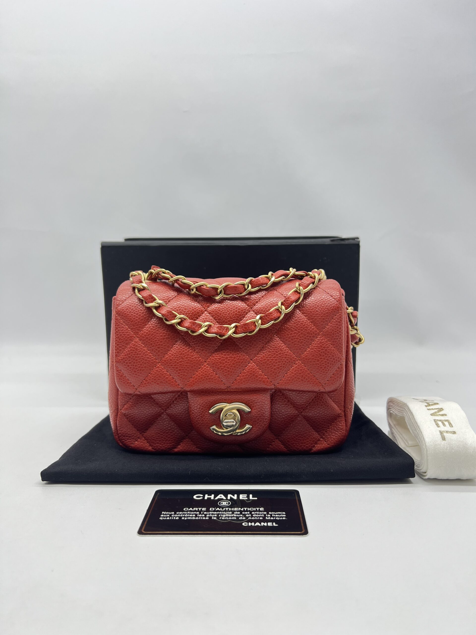Chanel Mini Square Flap Bag Caviar Coral Red GHW