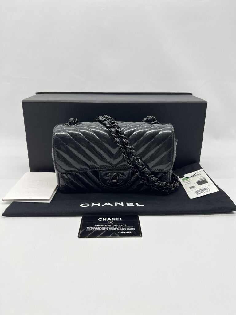 Chanel Mini Rectangle Crinkled Patent All Black