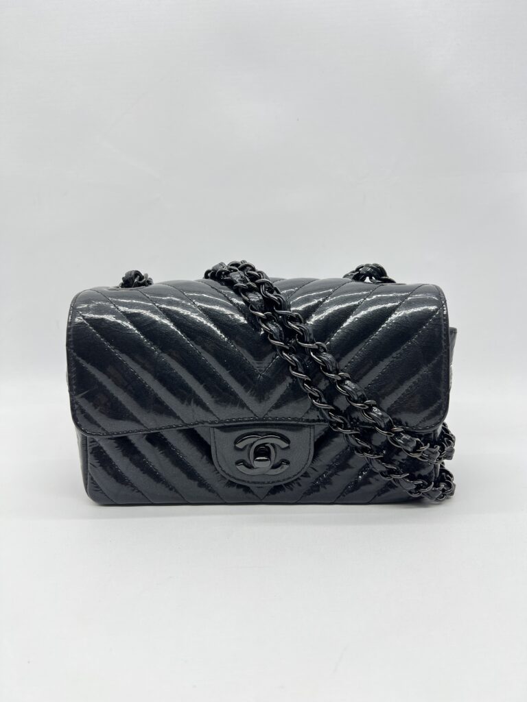 Chanel Mini Rectangle Crinkled Patent All Black