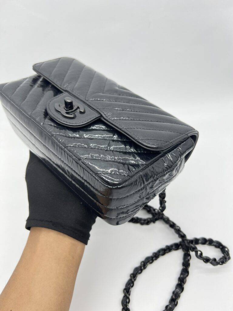 Chanel Mini Rectangle Crinkled Patent All Black