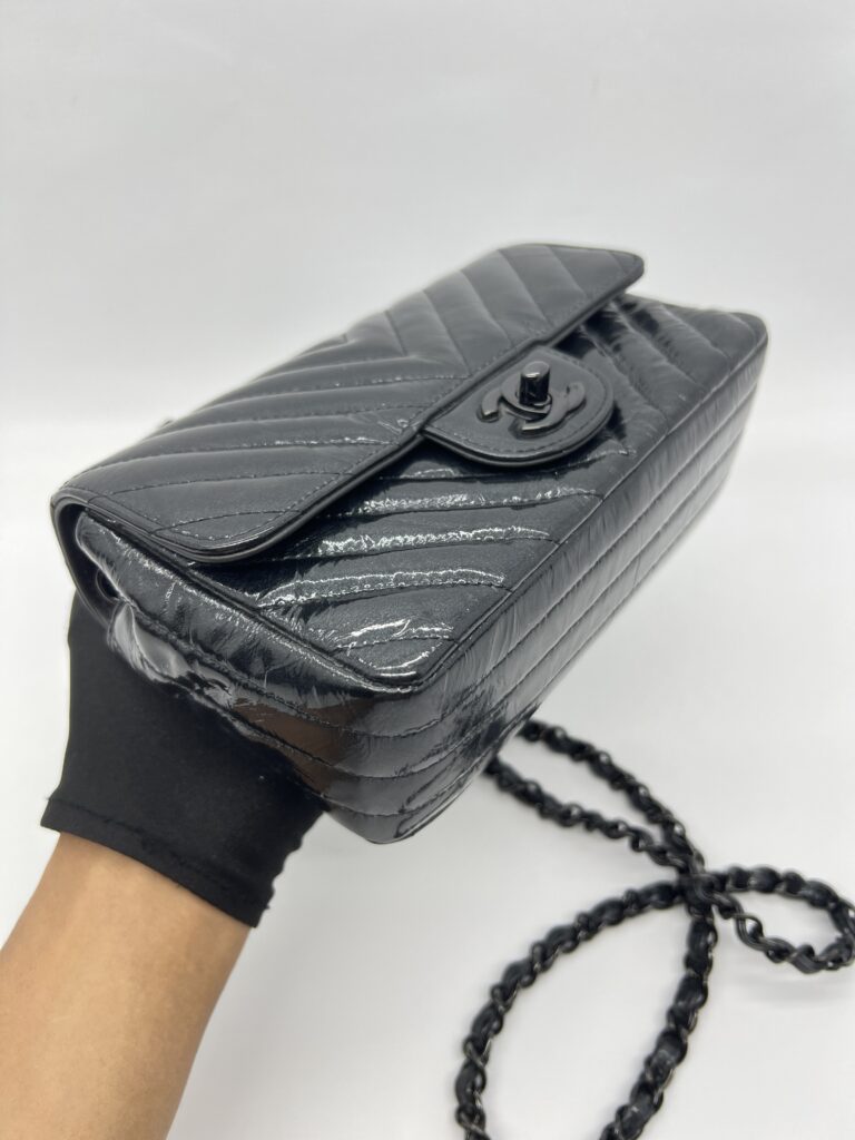 Chanel Mini Rectangle Crinkled Patent All Black