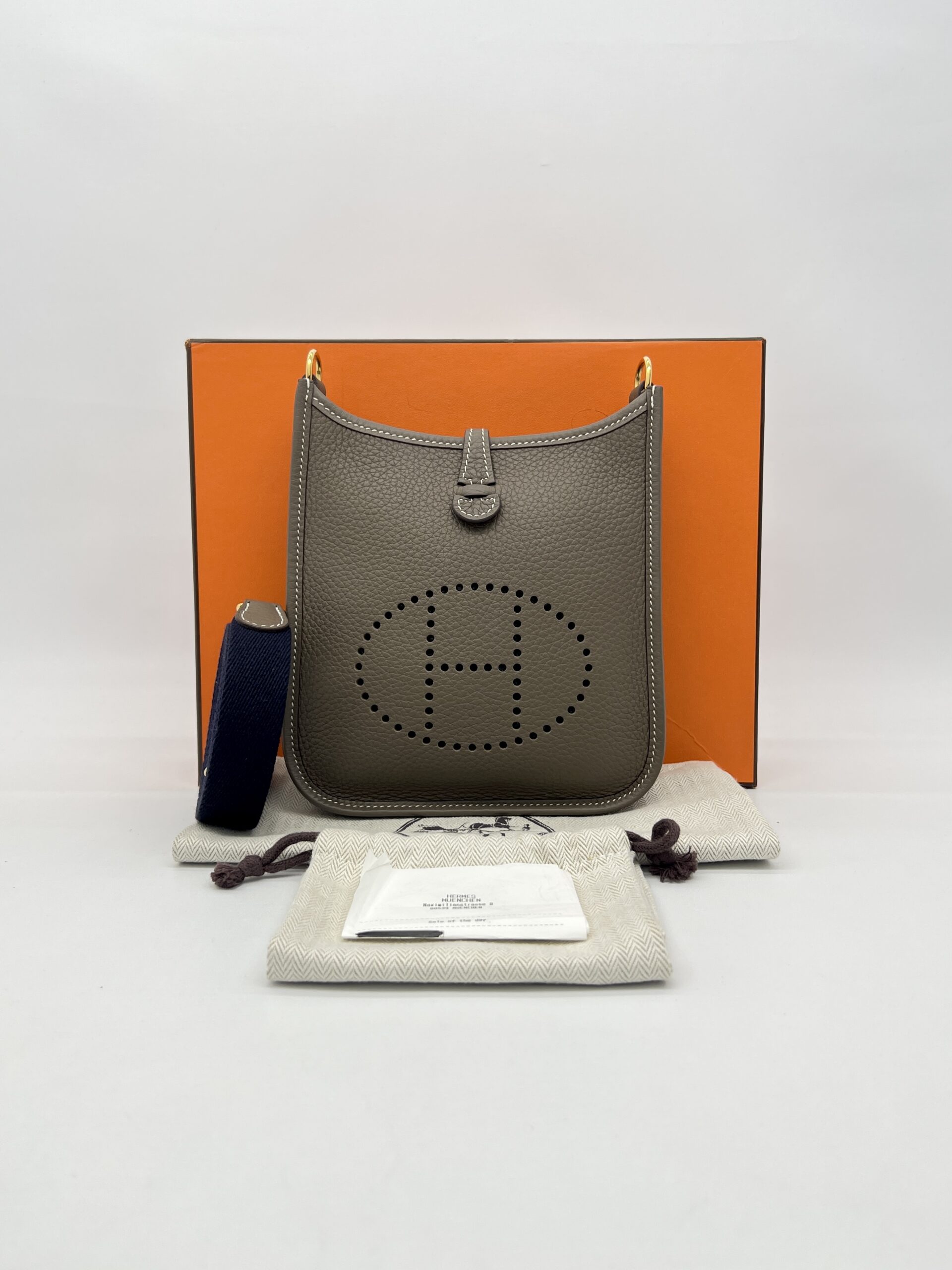 Hermes Mini Evelyne Clemence Etoupe/Bleu Indigo GHW