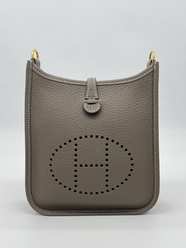 Hermes Mini Evelyne Clemence Etoupe/Bleu Indigo GHW