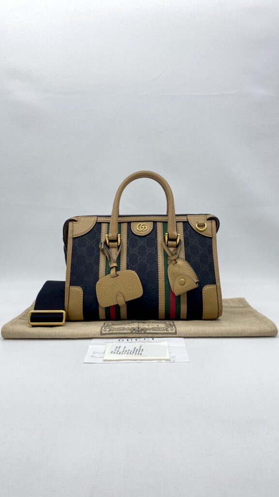 Gucci Duffle Top Handle Black Koi Beige Stripe GHW