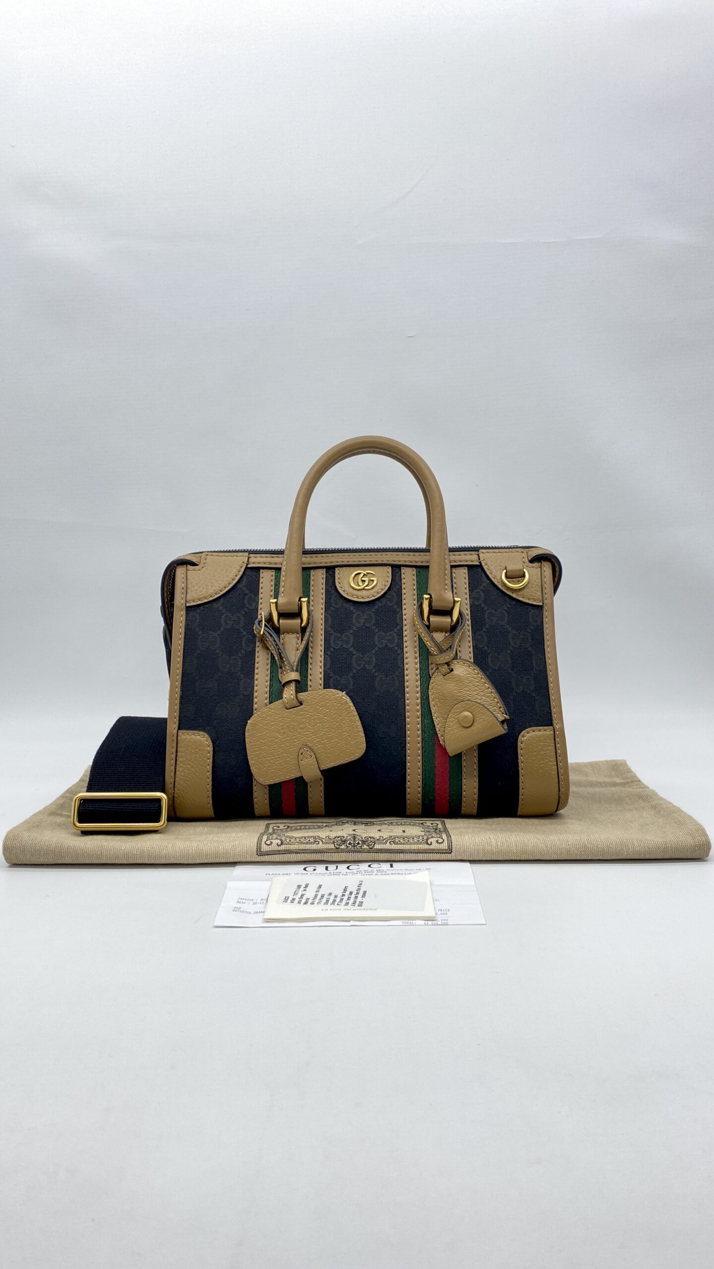 Gucci Duffle Top Handle Black Koi Beige Stripe GHW