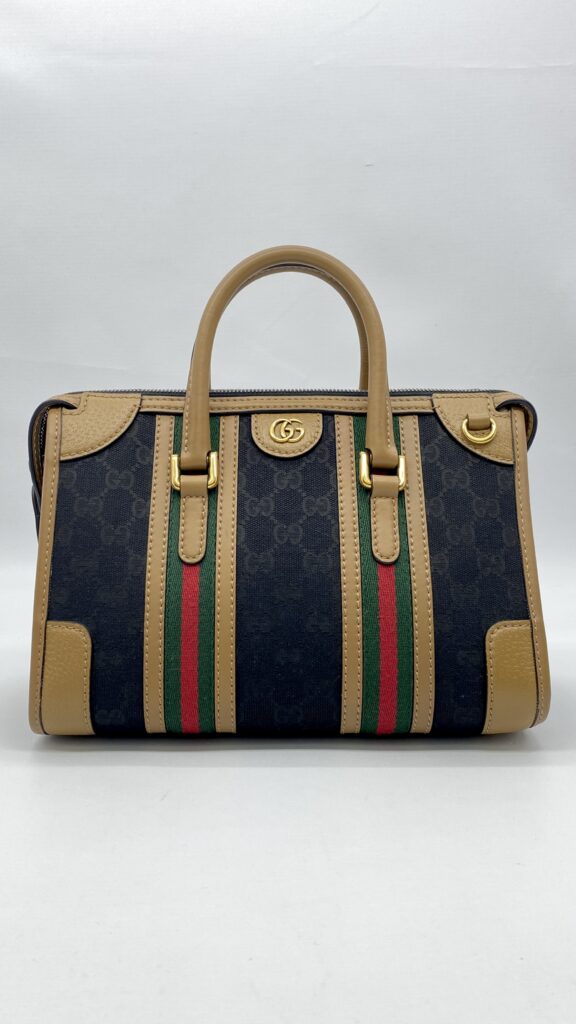 Gucci Duffle Top Handle Black Koi Beige Stripe GHW