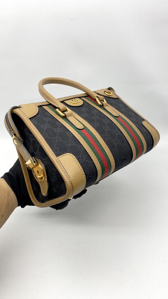 Gucci Duffle Top Handle Black Koi Beige Stripe GHW
