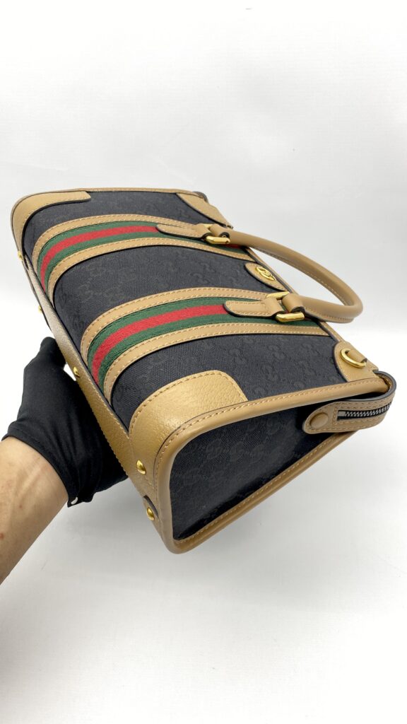 Gucci Duffle Top Handle Black Koi Beige Stripe GHW