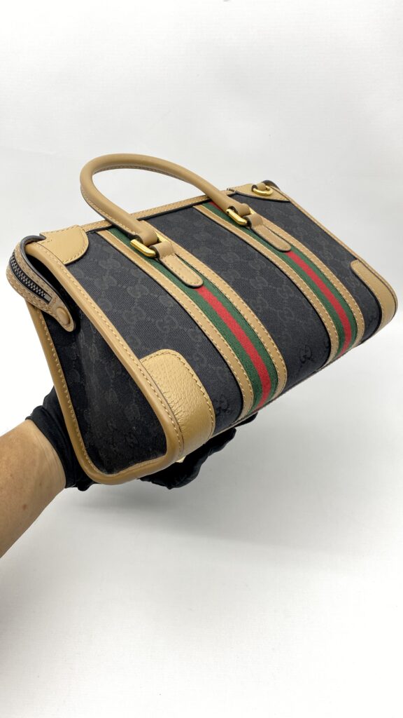 Gucci Duffle Top Handle Black Koi Beige Stripe GHW