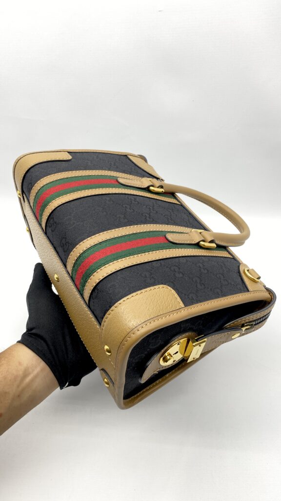 Gucci Duffle Top Handle Black Koi Beige Stripe GHW