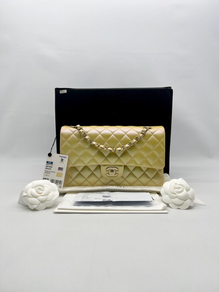 Chanel Medium Classic D Flap Caviar Iridescent Yellow GHW