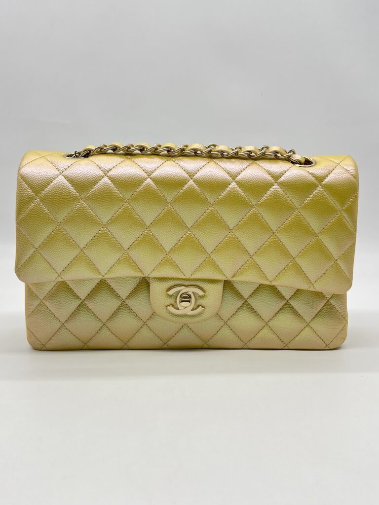 Chanel Medium Classic D Flap Caviar Iridescent Yellow GHW