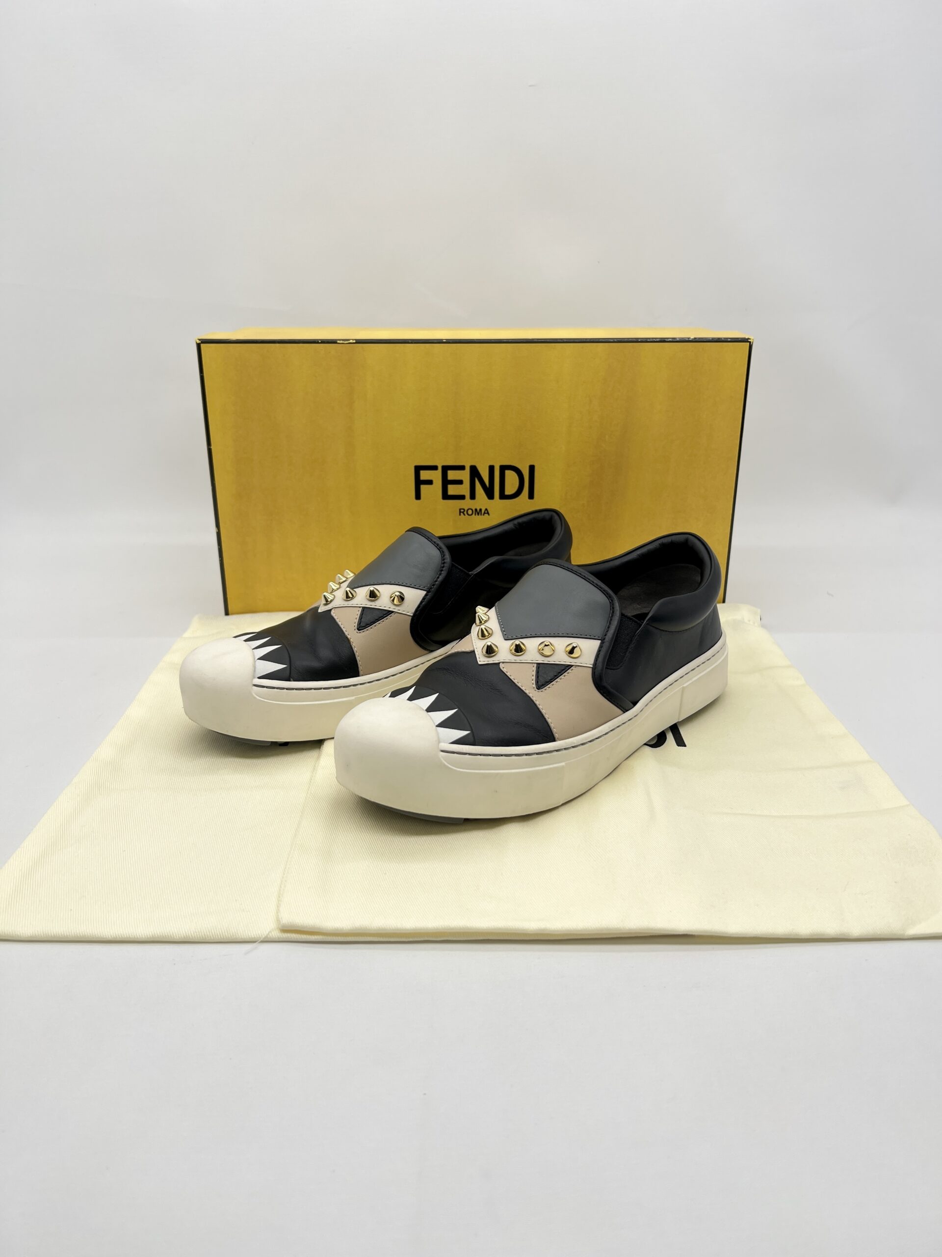 Fendi Monster Studded Slip On Shoes Black/Grey/Beige Multicolor