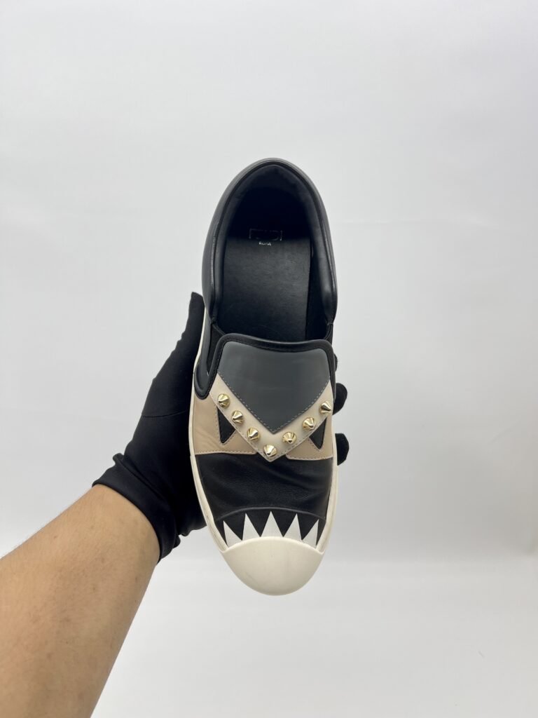 Fendi Monster Studded Slip On Shoes Black/Grey/Beige Multicolor