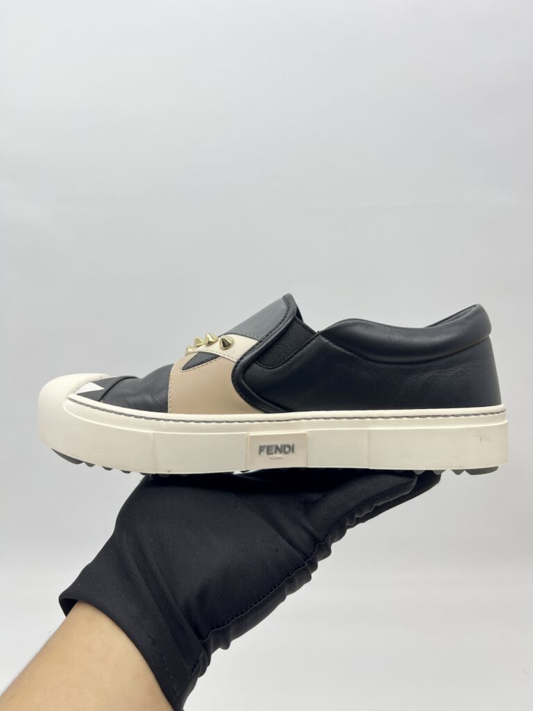 Fendi Monster Studded Slip On Shoes Black/Grey/Beige Multicolor