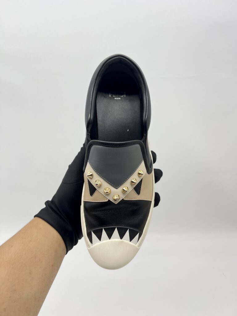 Fendi Monster Studded Slip On Shoes Black/Grey/Beige Multicolor