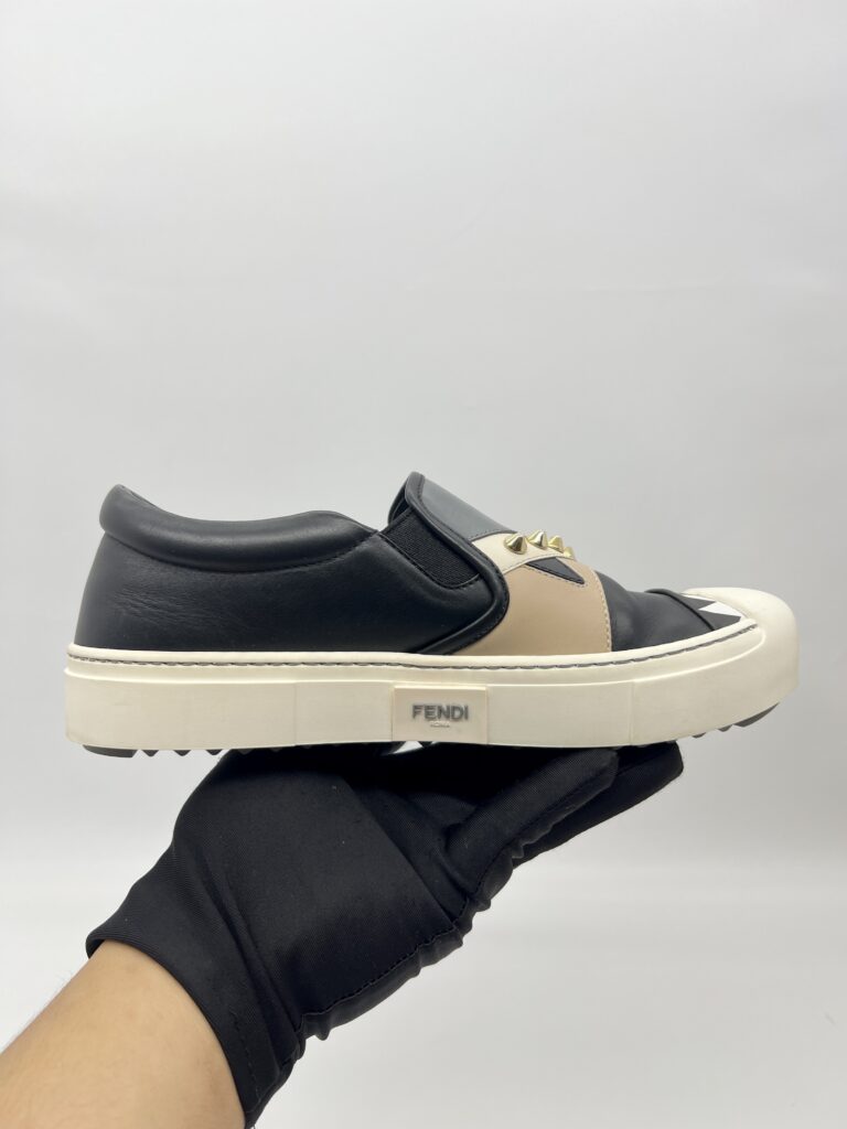 Fendi Monster Studded Slip On Shoes Black/Grey/Beige Multicolor