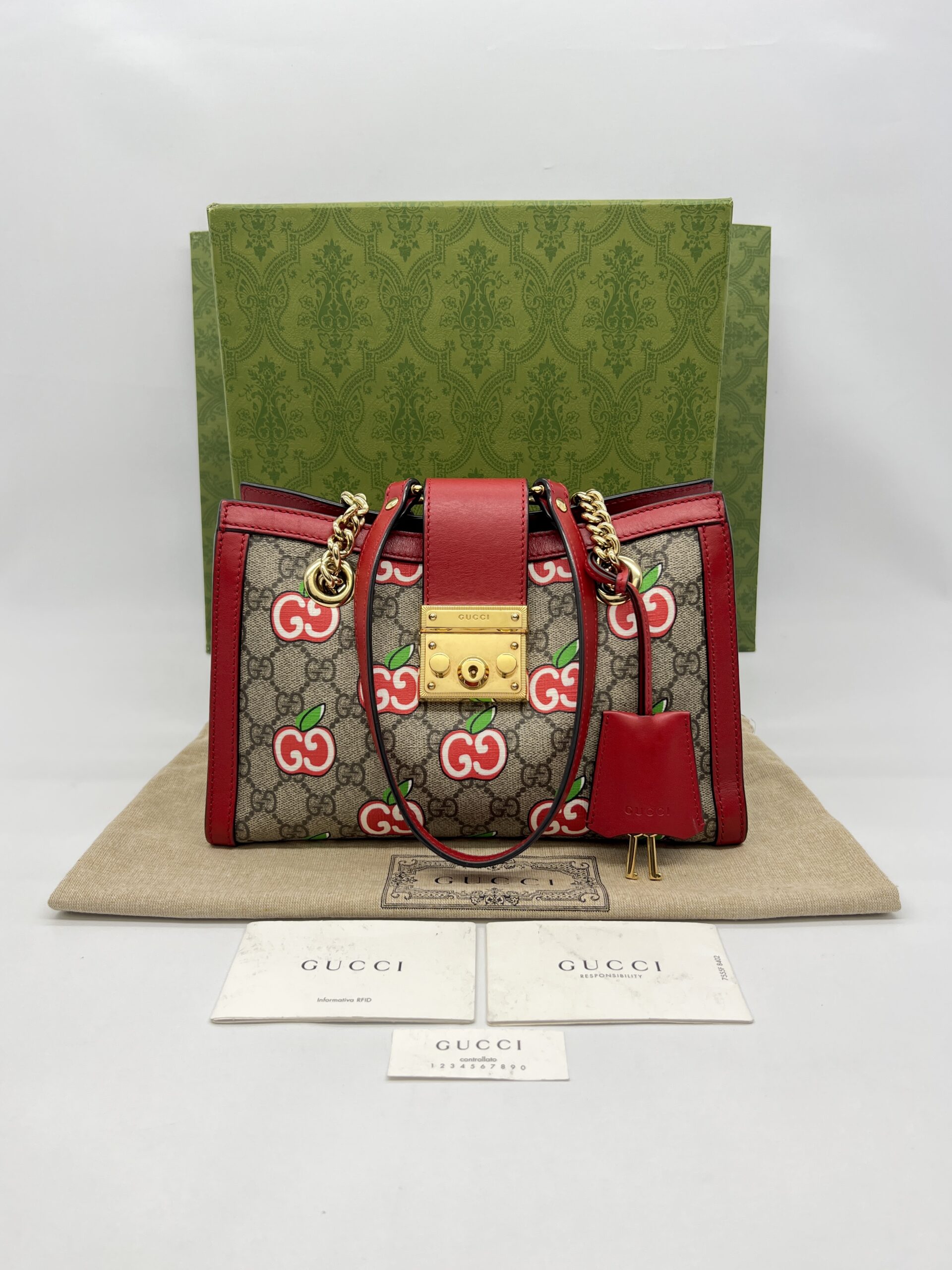 Gucci Padlock Shoulder Chain GG Supreme Apples Red GHW