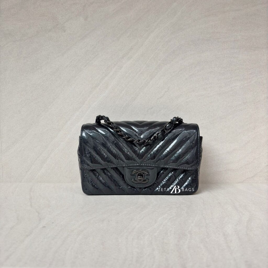Chanel Mini Rectangle Crinkled Patent All Black