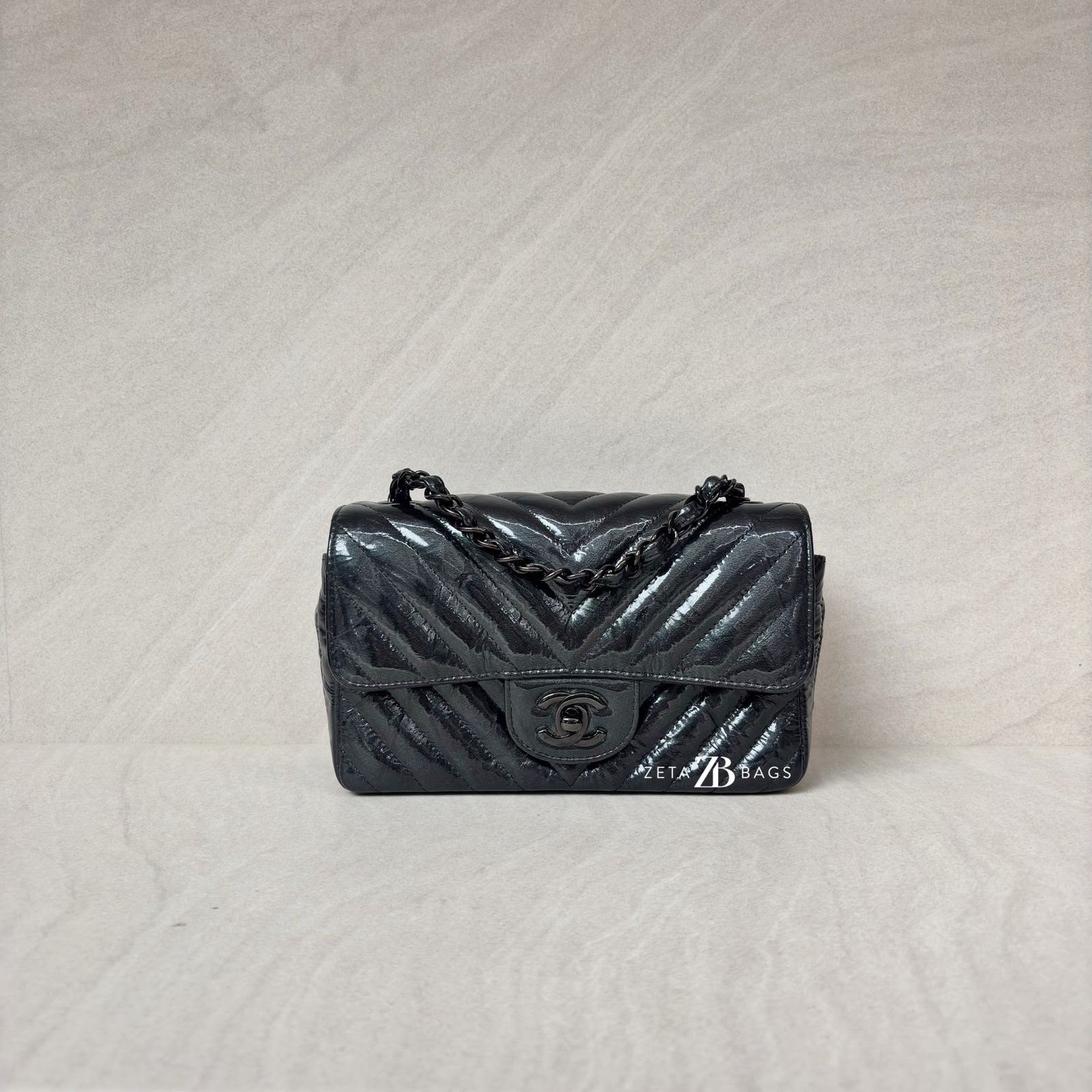 Chanel Mini Rectangle Crinkled Patent All Black