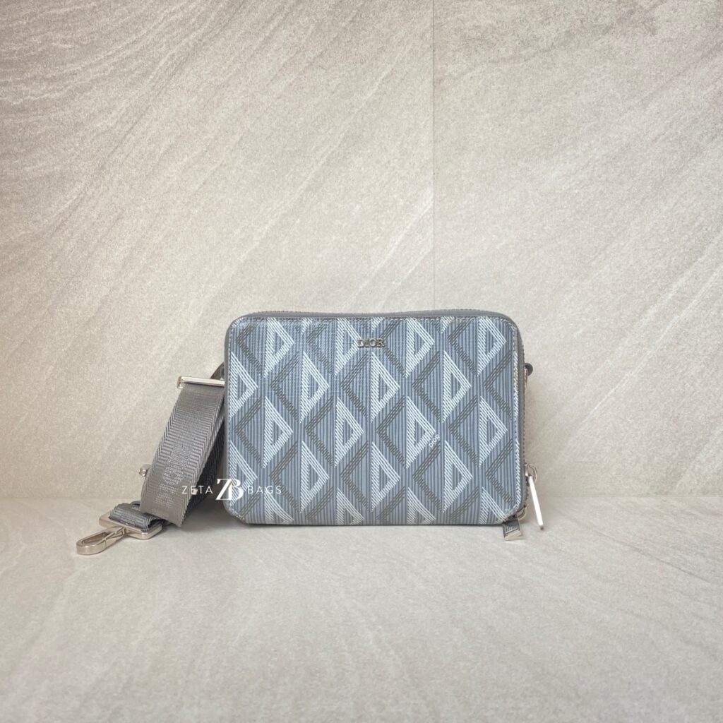 Dior Zipped Compact Pouch Diamond Canvas Grey