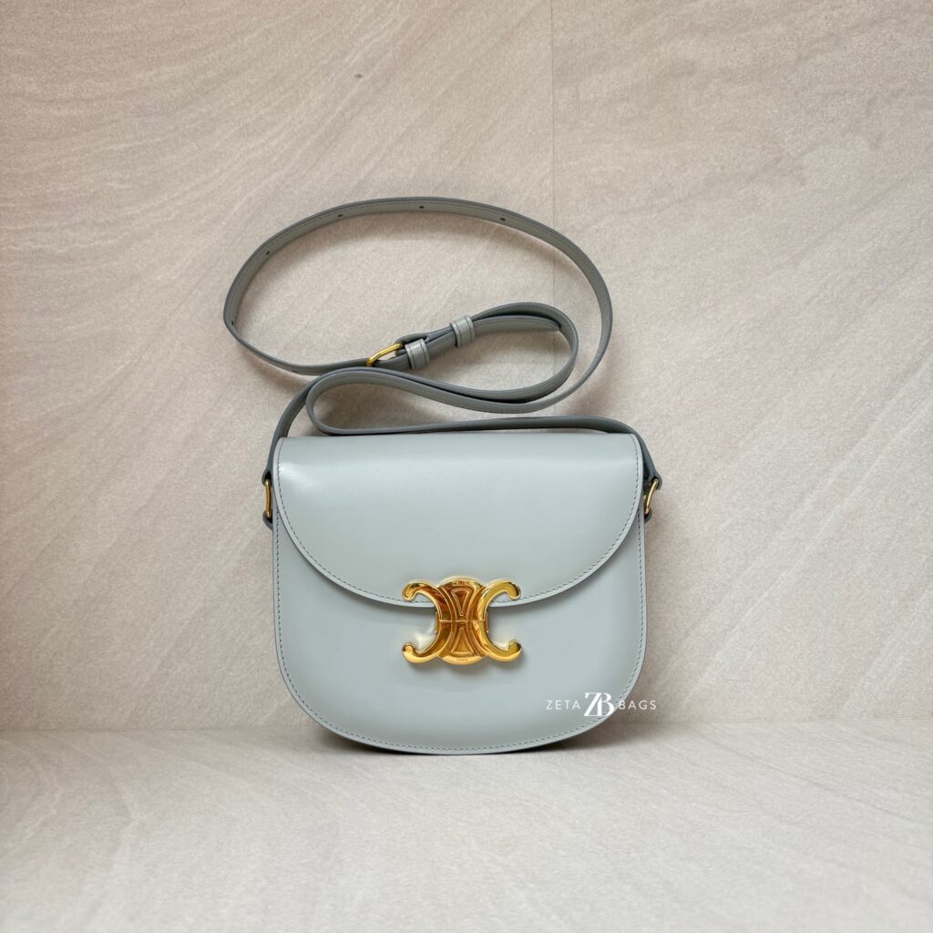 Celine Triomp Besace Clea Bag Shiny Calfskin Light  Grey GHW