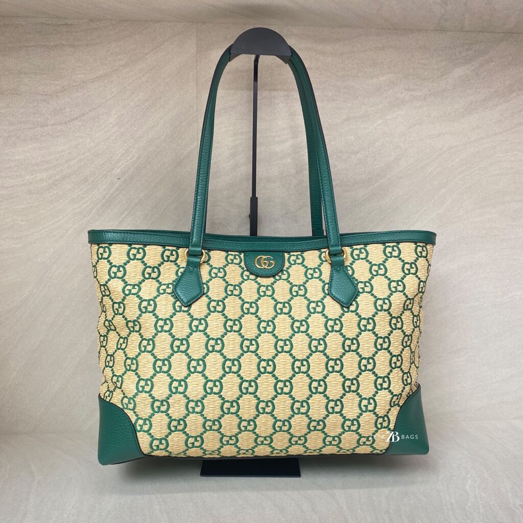 Gucci Ophidia Tote Bags GG Raffia Beige Green GHW