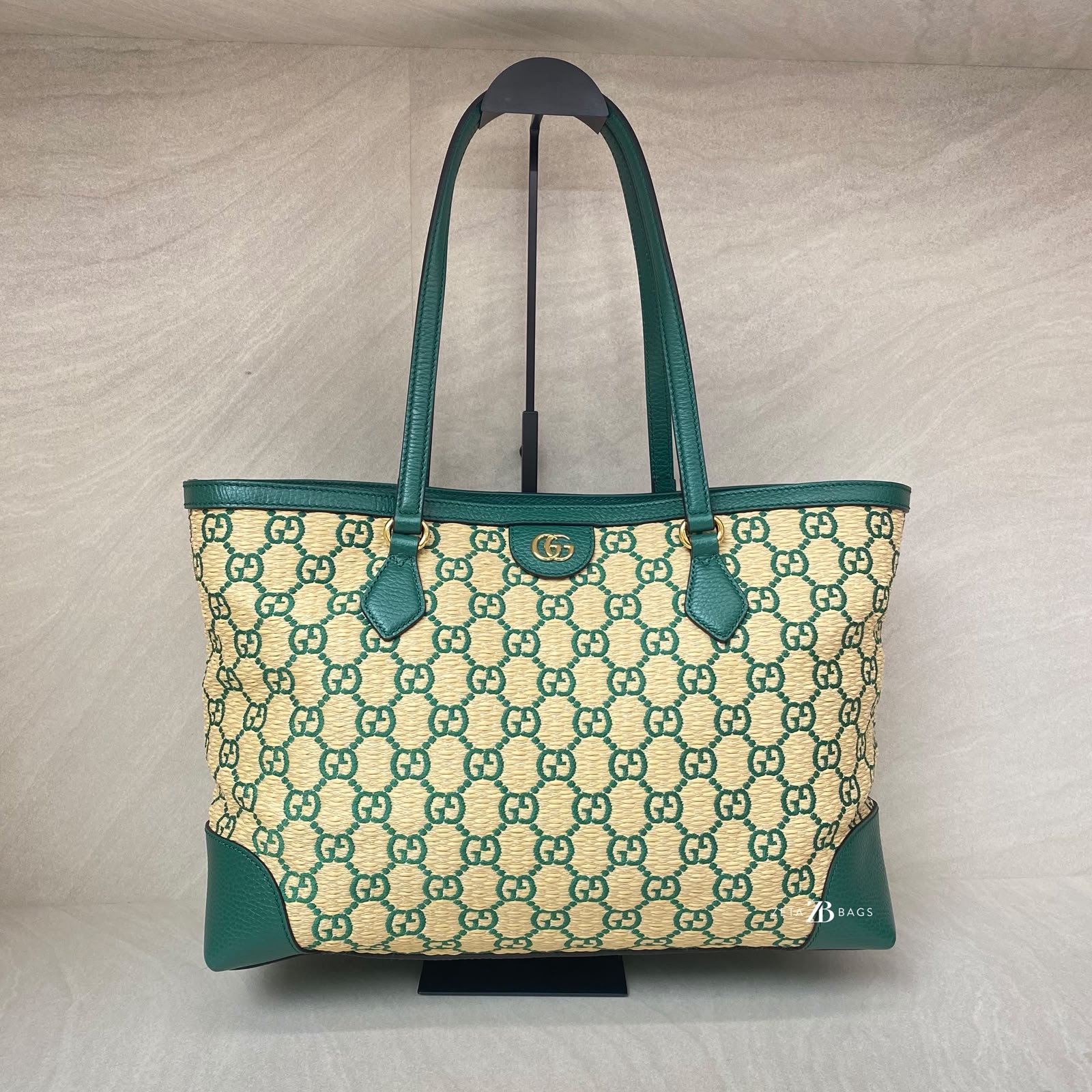 Gucci Ophidia Tote Bags GG Raffia Beige Green GHW