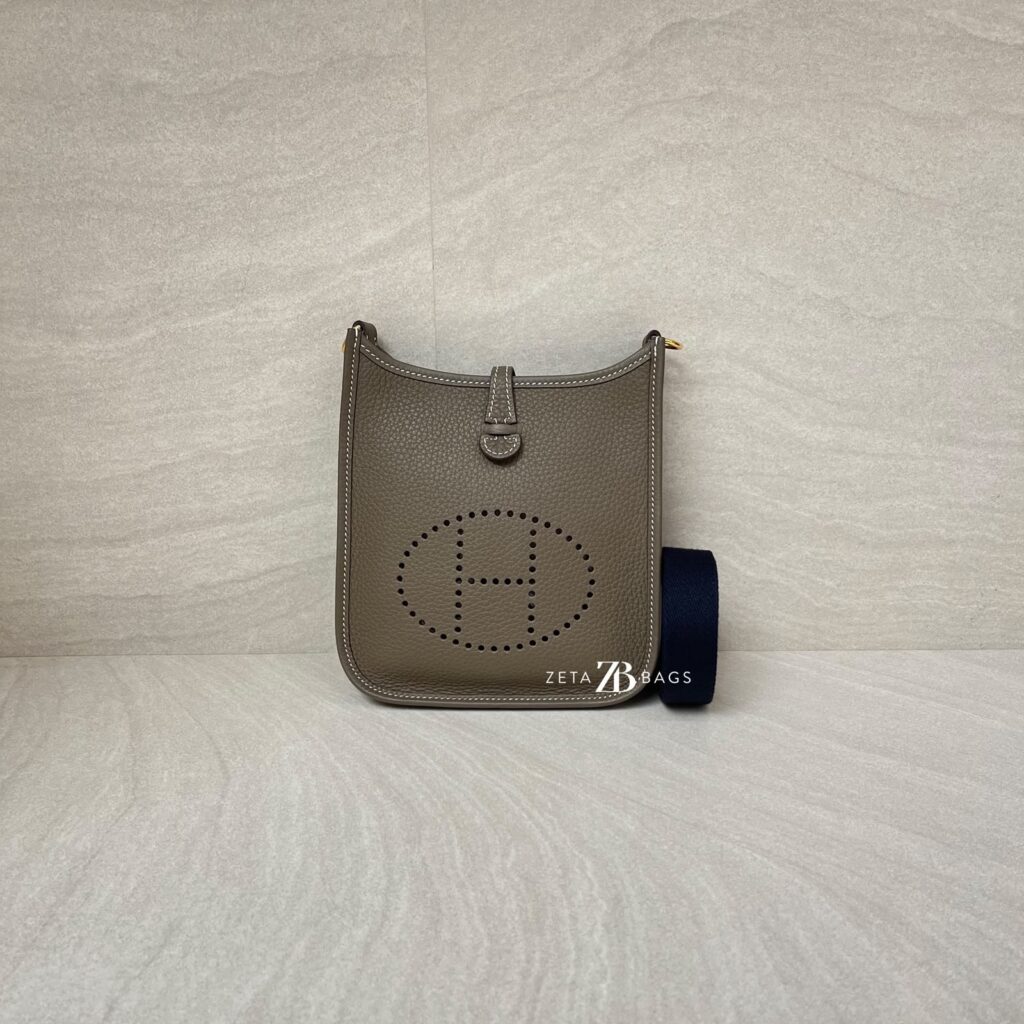 Hermes Mini Evelyne Clemence Etoupe/Bleu Indigo GHW