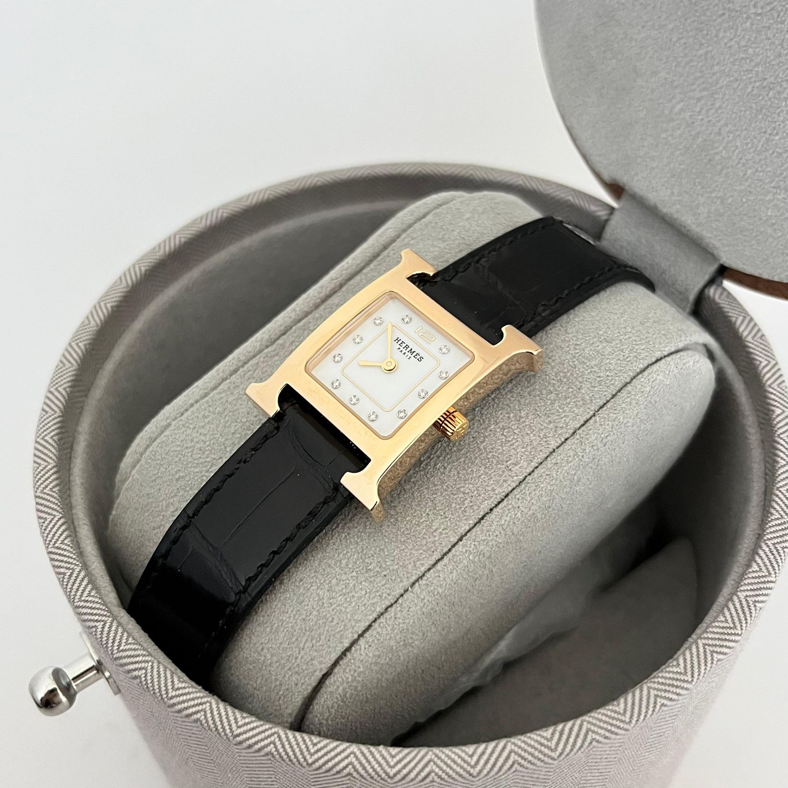 Hermes H Hour PM Diamond Dial Black Croco GHW