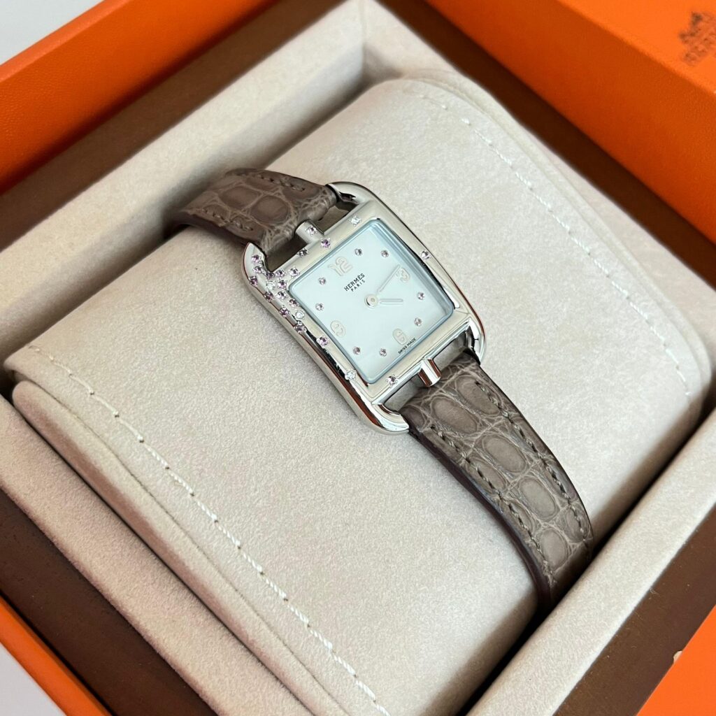 Hermes H Cape Cod Watch Pink Saphire with Gris Asphalt Croco Matte