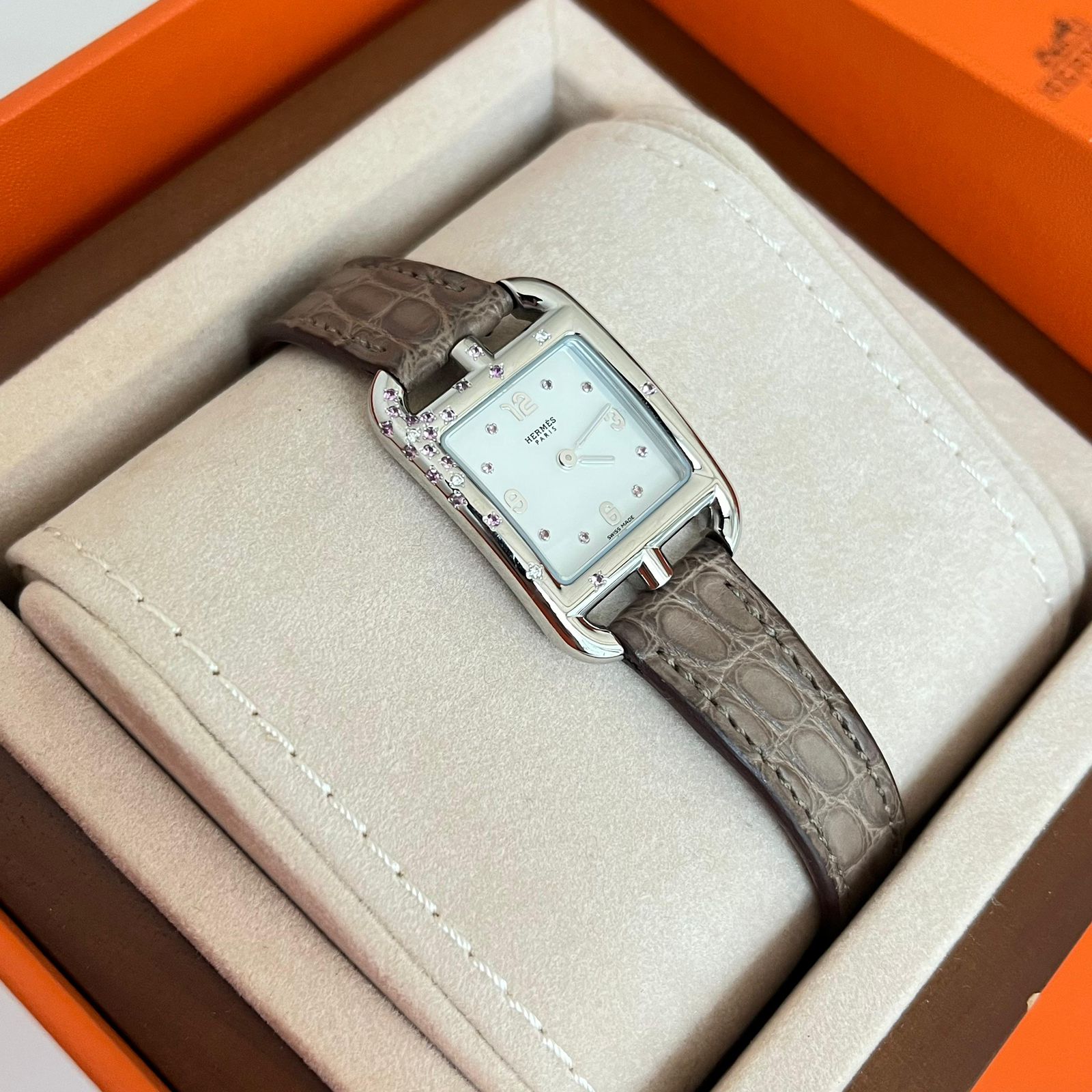 Hermes H Cape Cod Watch Pink Saphire with Gris Asphalt Croco Matte