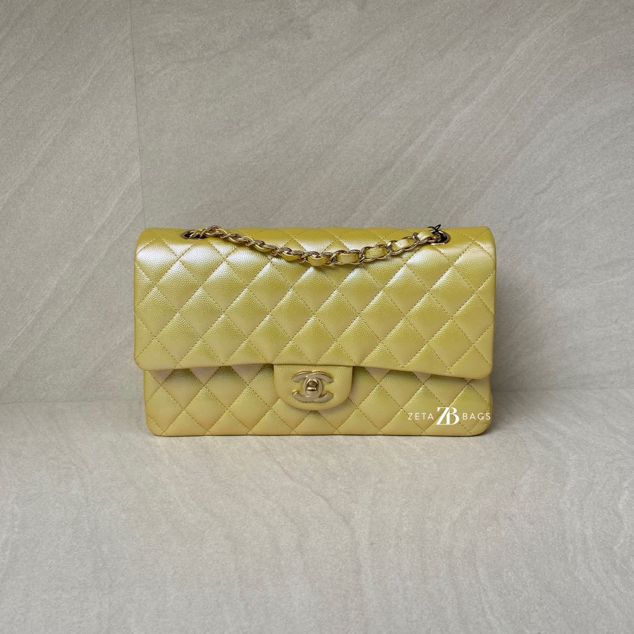 Chanel Medium Classic D Flap Caviar Iridescent Yellow GHW