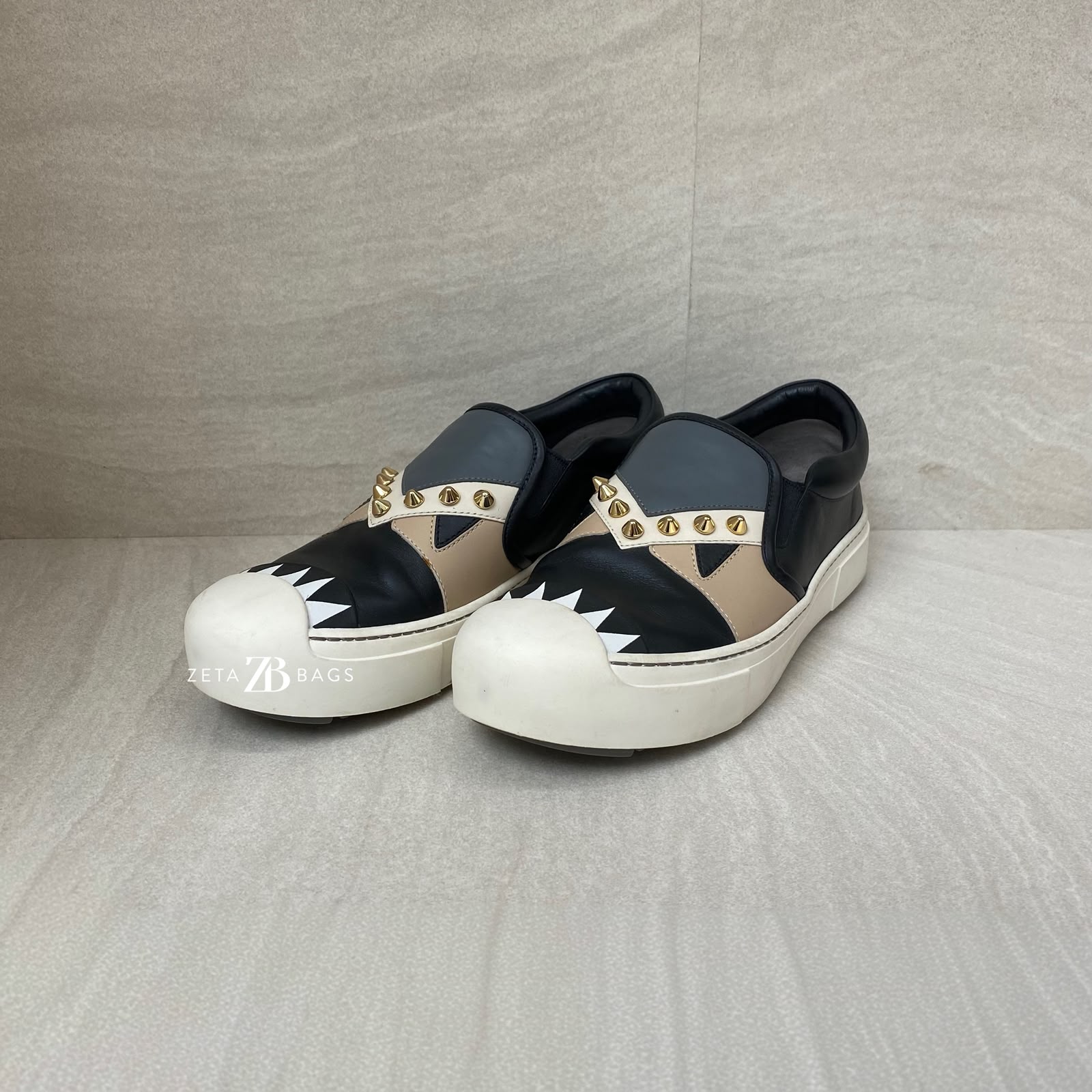 Fendi Monster Studded Slip On Shoes Black/Grey/Beige Multicolor