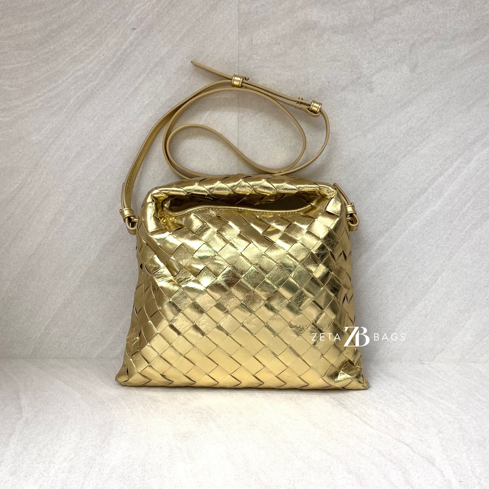 Bottega Veneta Mini Hop Intrecciato Mettalic Gold