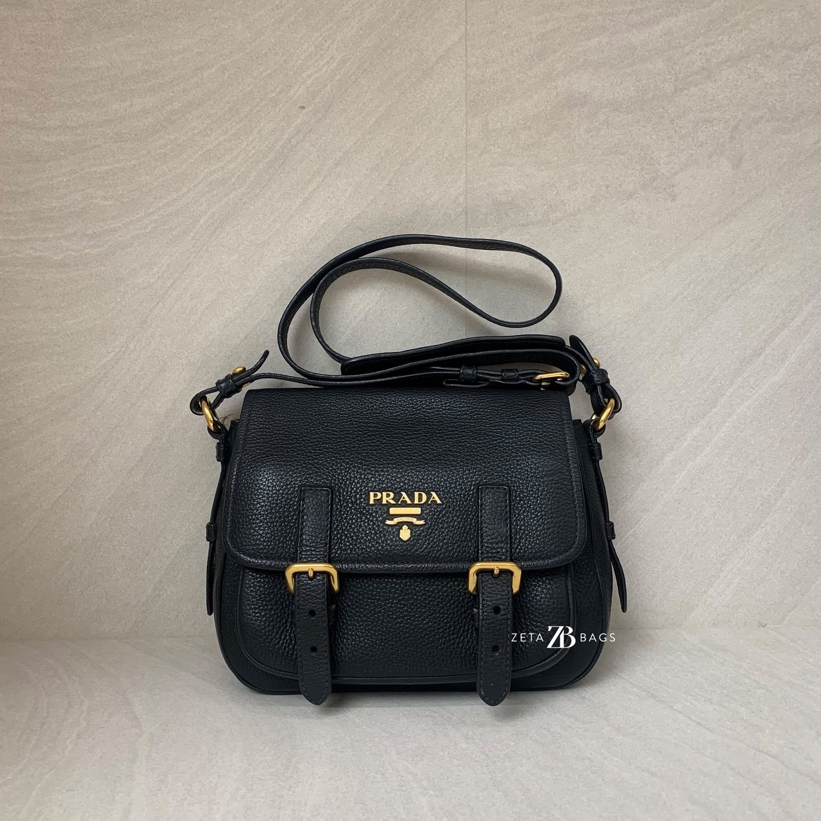 Prada Double Buckle Sling Bag Leather Black GHW