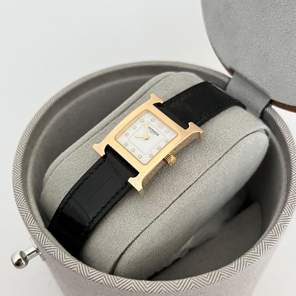 Hermes H Hour PM Diamond Dial Black Croco GHW