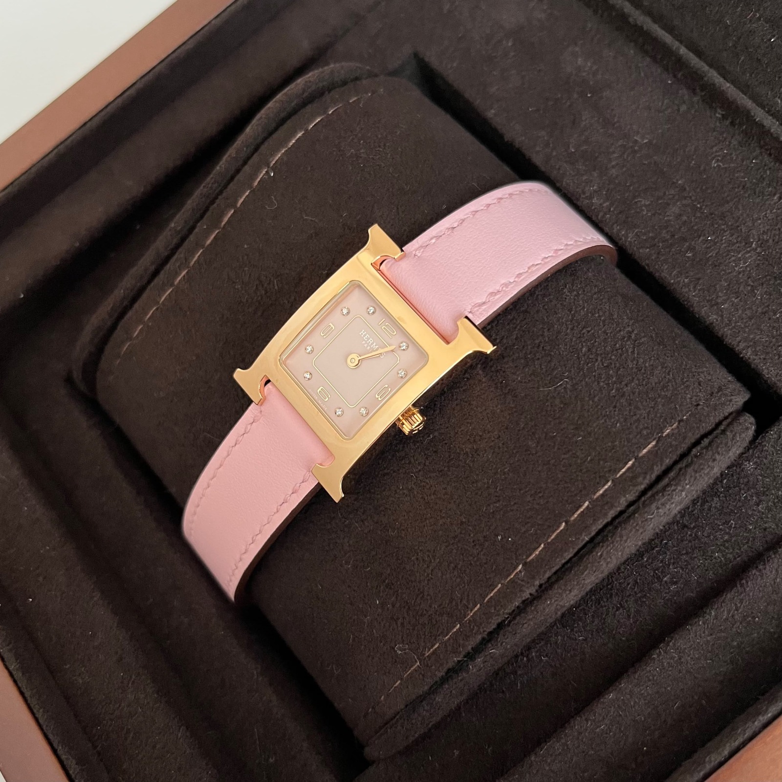Hermes H Hour PM Diamond Dial Rose Sakura RGHW