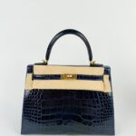 Hermes K25 Sellier Blue Sapphire Alligator Lisse Shiny Ghw