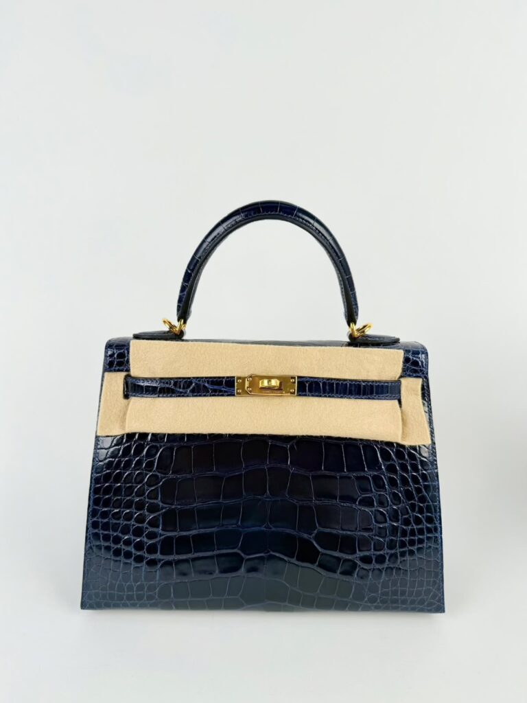 Hermes K25 Sellier Blue Sapphire Alligator Lisse Shiny Ghw
