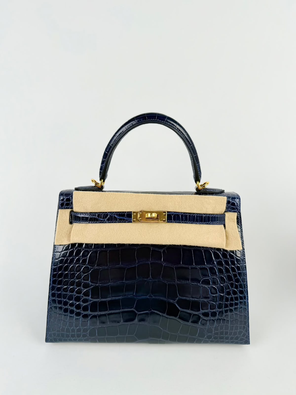 Hermes K25 Sellier Blue Sapphire Alligator Lisse Shiny Ghw
