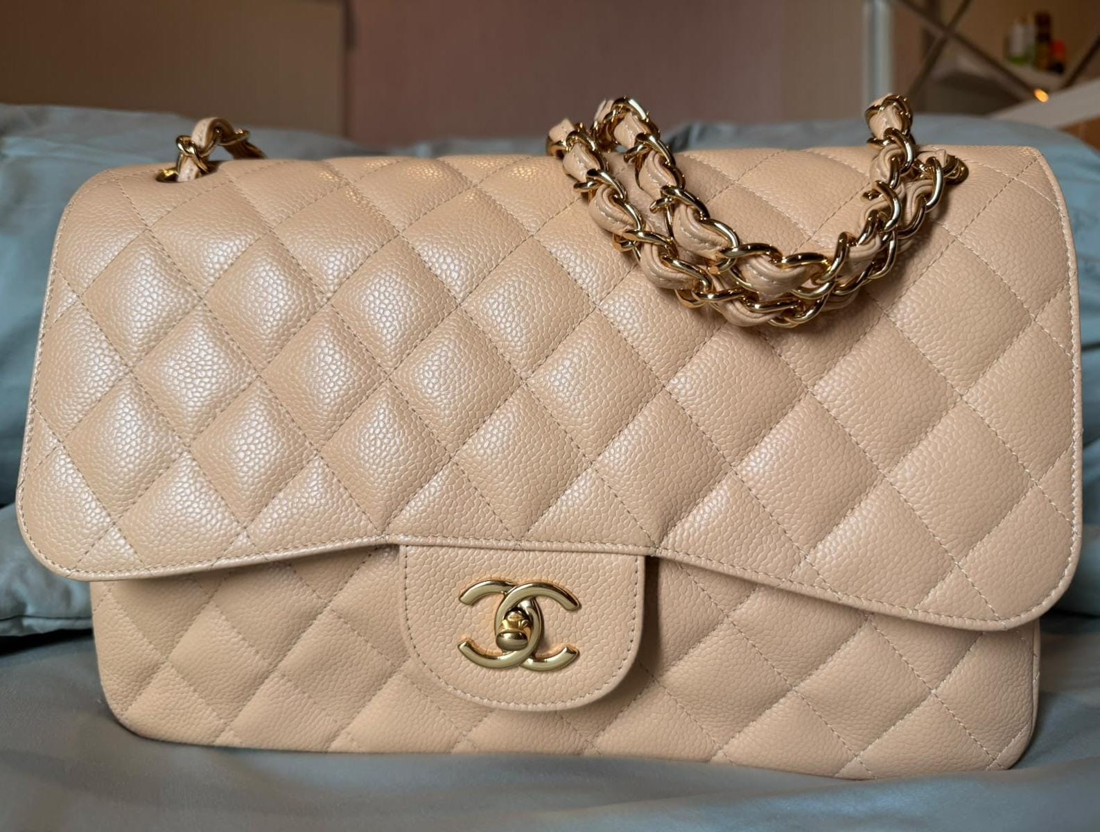 Chanel Classic Jumbo Beige Caviar GHW