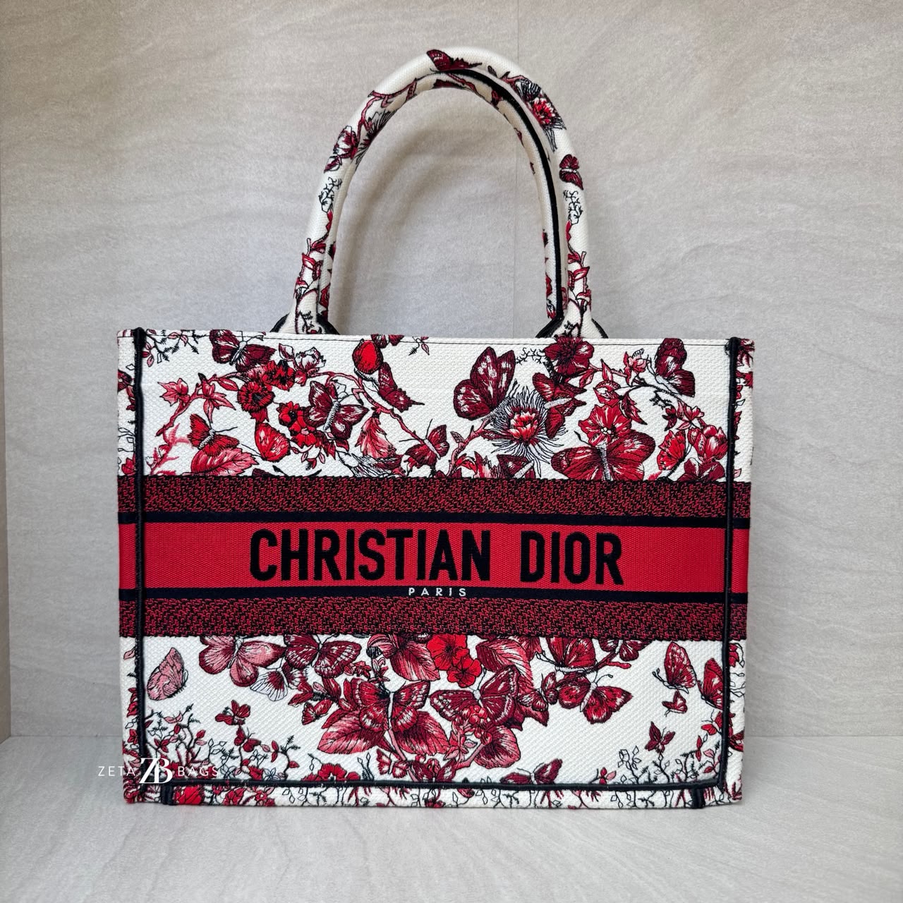 Dior Medium Book Tote Embroidered Butterfly White Red