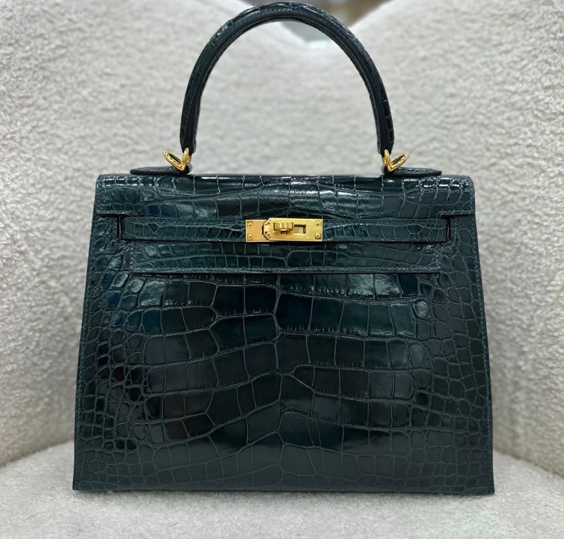 Hermes Kelly 25 Vert Cypress Alligator Shiny GHW