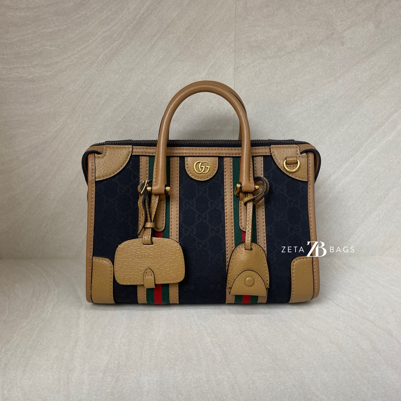 Gucci Duffle Top Handle Black Koi Beige Stripe GHW