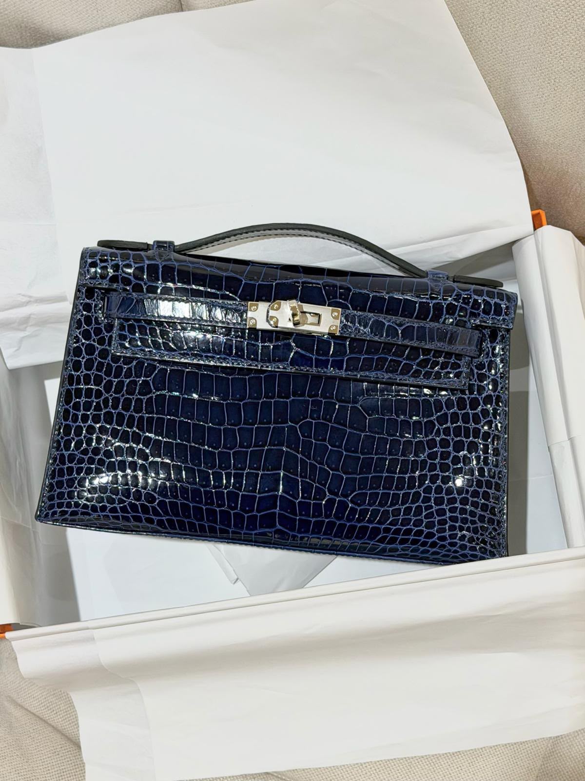 Hermes Kelly Pochette Blue Saphir Shiny Porosus PHW